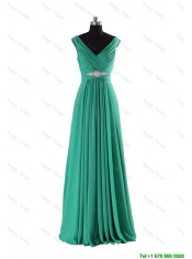 Cheap Simple V Neck Beading and Ruching Long Prom Dresses for 2016 Autumn