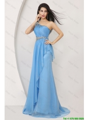 Discount Beaded Baby Blue Prom Dresses with One Shoulder