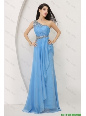 Discount Beaded Baby Blue Prom Dresses with One Shoulder