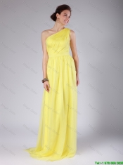 Elegant One Shoulder Sashes Yellow Prom Dresses with Sweep Train for 2016