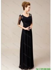 Gorgeous Half Sleeves Laced Black Prom Dresses with V Neck