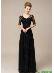 Gorgeous Half Sleeves Laced Black Prom Dresses with V Neck