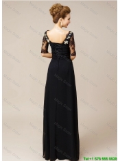 Gorgeous Half Sleeves Laced Black Prom Dresses with V Neck