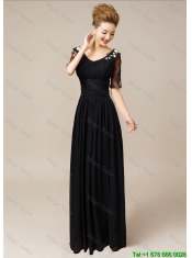 Gorgeous Half Sleeves Laced Black Prom Dresses with V Neck