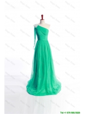 Pretty Affordable Appliques Green Long Prom Dress with Sweep Train for 2016