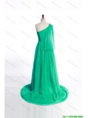Pretty Affordable Appliques Green Long Prom Dress with Sweep Train for 2016