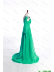 Pretty Affordable Appliques Green Long Prom Dress with Sweep Train for 2016