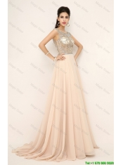 2016 Beautiful Beaded Bateau Prom Dresses with Brush Train