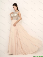 2016 Beautiful Beaded Bateau Prom Dresses with Brush Train