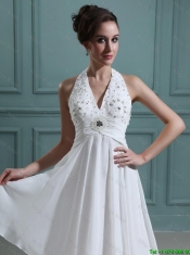 2016 Cheap Empire Halter Top White Prom Dresses with Beading