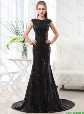 Beautiful Column Bateau Brush Train Sequins Prom Dresses in Black