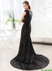 Beautiful Column Bateau Brush Train Sequins Prom Dresses in Black