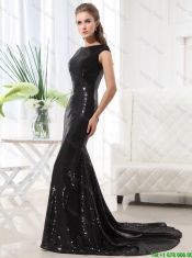Beautiful Column Bateau Brush Train Sequins Prom Dresses in Black