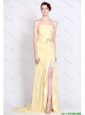 Beautiful Strapless Beaded and High Slit Prom Dresses in Yellow