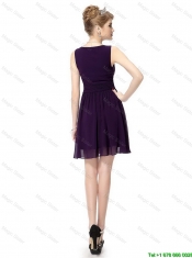 Beautiful V Neck Dark Purple Prom Dresses with Ruching