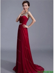 Cheap Brush Train Scoop Zipper Up Prom Dresses in Wine Red