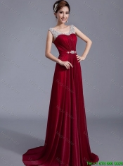 Cheap Brush Train Scoop Zipper Up Prom Dresses in Wine Red