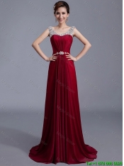 Cheap Brush Train Scoop Zipper Up Prom Dresses in Wine Red