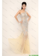 Elegant Champagne One Shoulder Prom Dresses with Side Zipper