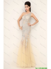 Elegant Champagne One Shoulder Prom Dresses with Side Zipper