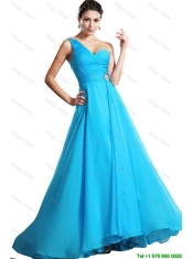 Elegant One Shoulder Aqua Blue Prom Dresses with Brush Train