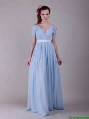 Exclusive Spaghetti Straps Light Blue Prom Dresses with Ruching and Belt