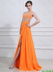 Exquisite Beading and High Slit Orange Prom Dresses with Brush Train