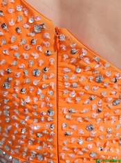 Exquisite Beading and High Slit Orange Prom Dresses with Brush Train