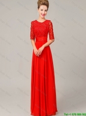 Fashionable Scoop Laced Red Prom Dresses with Half Sleeves