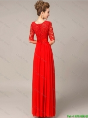 Fashionable Scoop Laced Red Prom Dresses with Half Sleeves