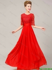 Fashionable Scoop Laced Red Prom Dresses with Half Sleeves