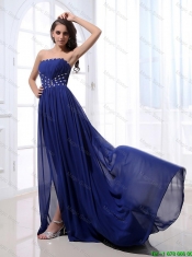 Gorgeous Beading Brush Train Strapless Prom Dresses in Royal Blue
