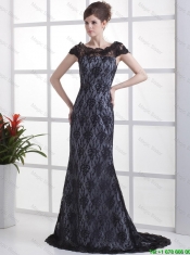 Luxurious Column Lace Black Prom Dresses with Brush Train