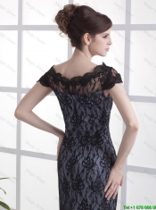 Luxurious Column Lace Black Prom Dresses with Brush Train