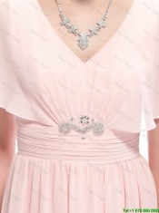 New Style V Neck Beaded Prom Dresses with Short Sleeves