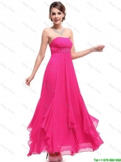 Popular Ankle Length Hot Pink Prom Dresses with Beading
