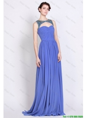 Pretty Bateau Zipper Up Blue Prom Dresses with Brush Train