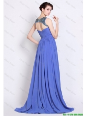 Pretty Bateau Zipper Up Blue Prom Dresses with Brush Train