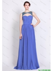 Pretty Bateau Zipper Up Blue Prom Dresses with Brush Train