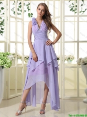 Pretty Empire V Neck Prom Dresses with High Low in Lavender