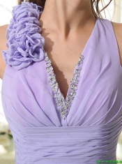 Pretty Empire V Neck Prom Dresses with High Low in Lavender