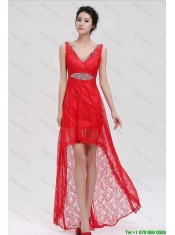 Pretty V Neck Laced and Beaded Red Prom Dresses with High Low