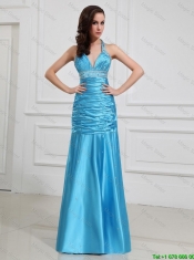 Sweet Mermaid Halter Top Prom Dresses with Beading in Baby Blue