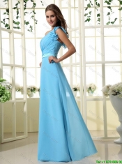 Wonderful One Shoulder Belt and Ruffles Aqua Blue Long Prom Dresses