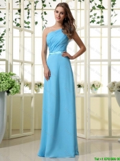 Wonderful One Shoulder Belt and Ruffles Aqua Blue Long Prom Dresses