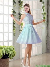 2016 Fall A Line High Neck Belt Prom Dresses with Lace