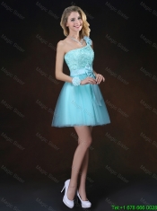 Beautiful A Line Aqua Blue Prom Dresses with Appliques