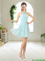 Cheap Halter Top Belt Light Blue Prom Dresses for 2016