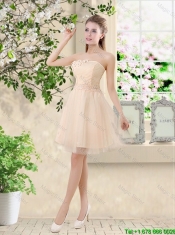 Comfortable Strapless Champagne Prom Dresses with Knee Length