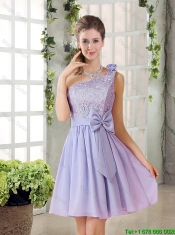 Custom Made A Line One Shoulder Lace and Bowknot Prom Dresses